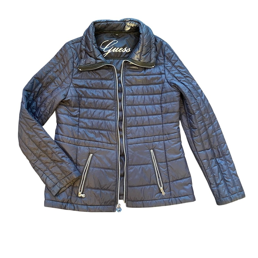 Guess Women's‎ Navy Blue Lightweight Quilted Puffer Jacket Zip Size Medium Coat